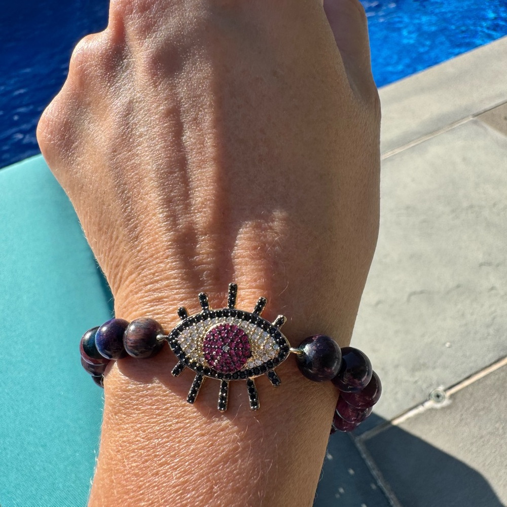 Purple Evil Eye Beaded Bracelet - Picture 2 of 4